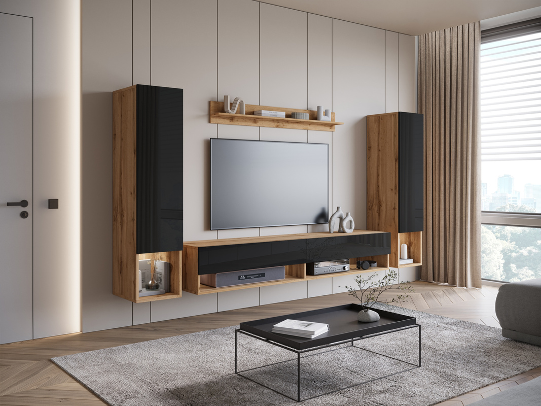 Nowoczesna meblościanka RTV do salonu czarny połysk MADERA