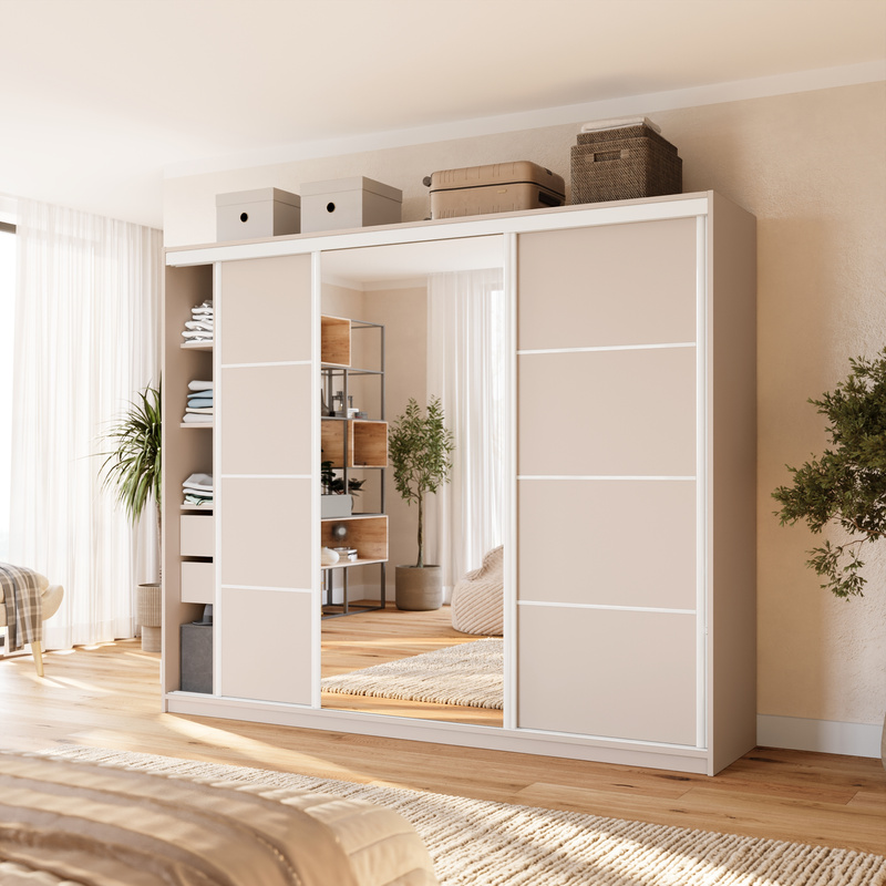 Beżowa duża szafa przesuwna z lustrem 250 cm VITA