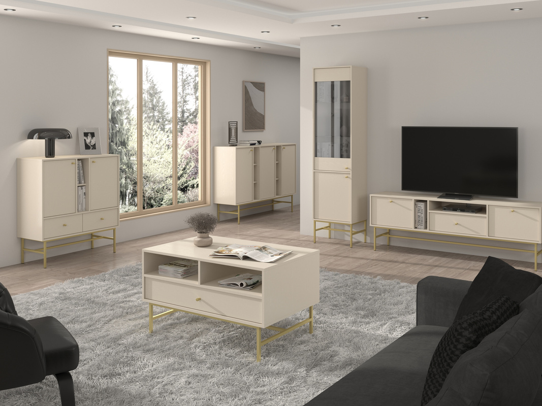 Zestaw mebli do salonu z witryną i szafką RTV TOKEN beż piaskowy