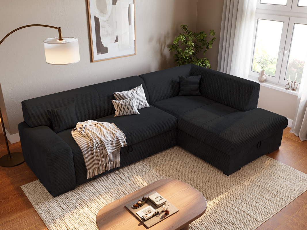 Czarny narożnik z funkcją spania i pojemnikiem na pościel do salonu MILENZO