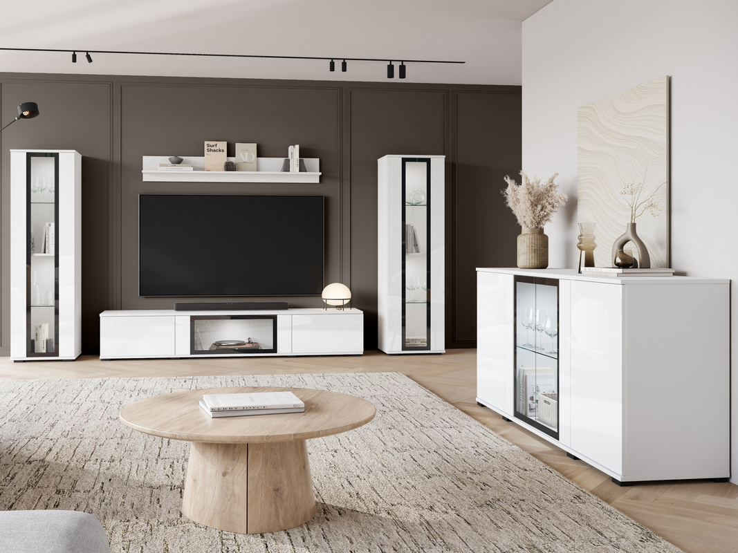 Zestaw mebli z komodą do salonu biały połysk CAVIO