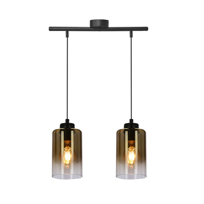 Czarna lampa wisząca 2-płomieniowa do salonu ASPRA klosz bursztynowy