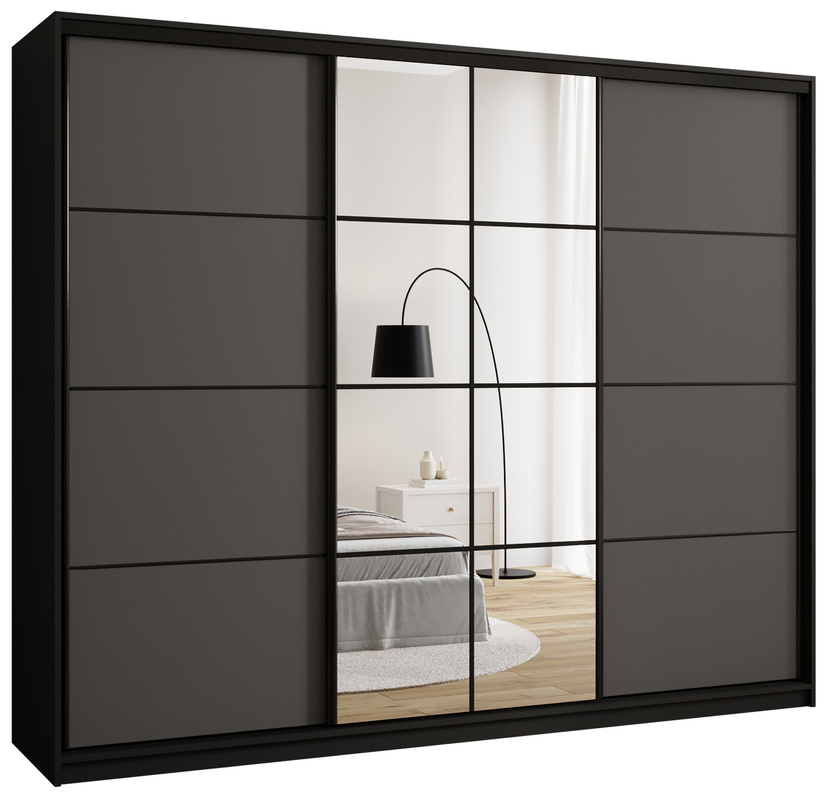 Grafitowa szafa przesuwna z lustrem 250 cm do sypialni EDGE