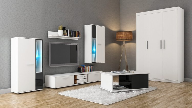 Meblościanka z szafą i ławą biały mat KUBA