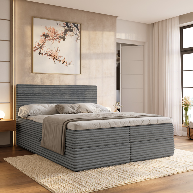 Łóżko dwuosobowe 140x200 z pojemnikiem kontynentalne MILA szare