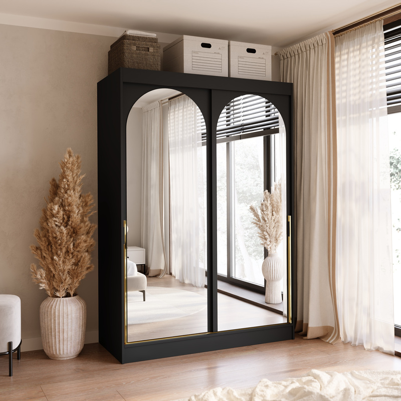 Czarna szafa przesuwna z dwoma lustrami 150 cm drzwi przesuwne złote uchwyty MORIN