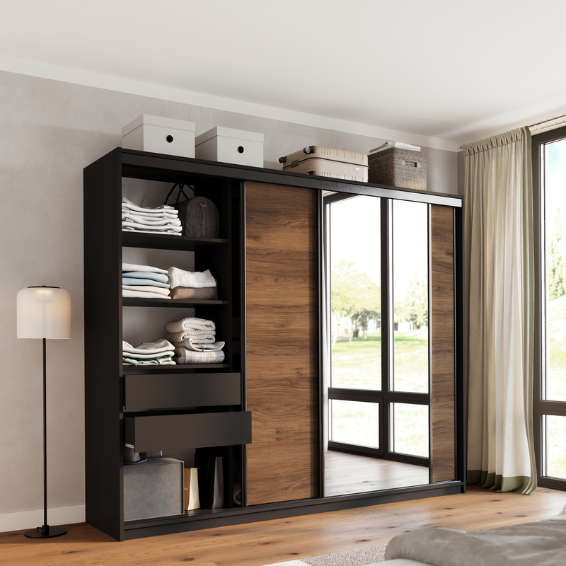 Szafa przesuwna z lustrem 250 cm do sypialni LOFT orzech