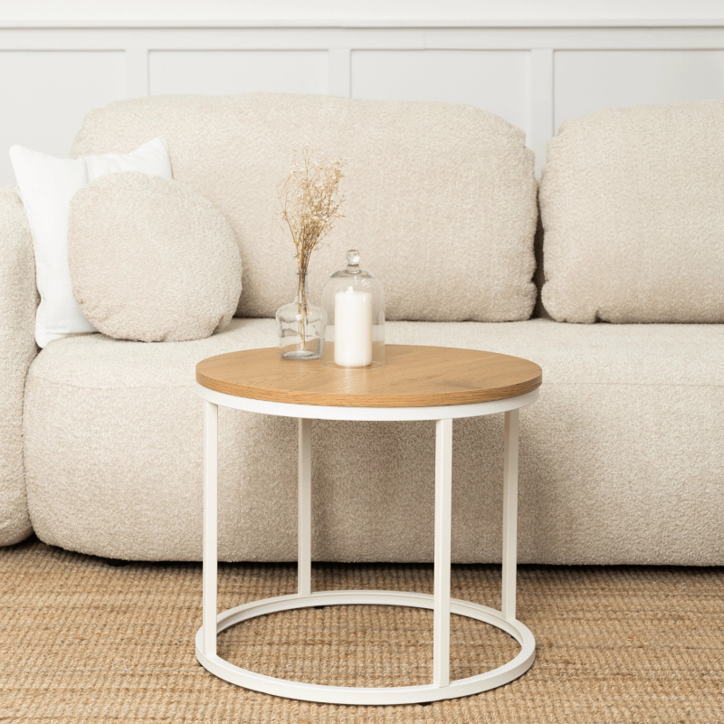 Biały stolik kawowy okrągły do salonu ANNE blat dąb naturalny