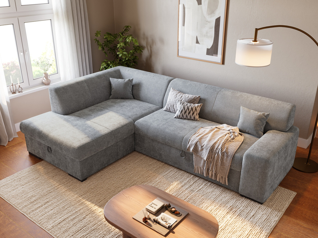 Szary narożnik do salonu z funkcją spania i pojemnikiem na pościel MILENZO