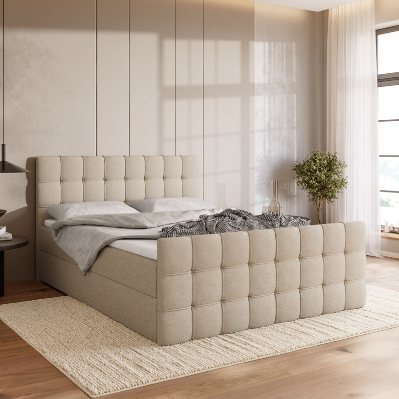 Beżowe łóżko kontynentalne 140x200 cm z pojemnikiem na pościel DETROIT DUO