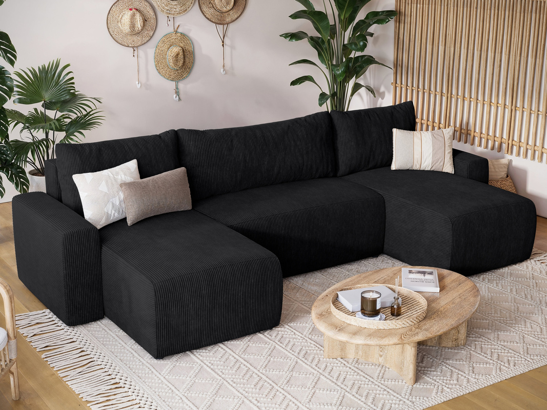 Czarny narożnik sztruksowy z funkcją spania do salonu PLUSH U