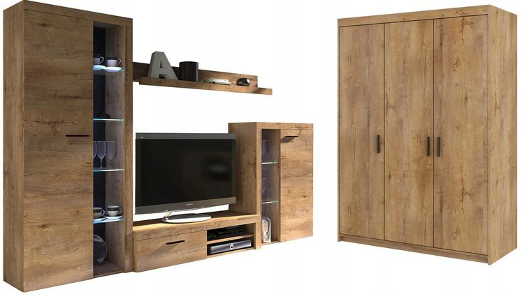 Meblościanka z szafą trzydrzwiową Dąb lefkas SAMBA