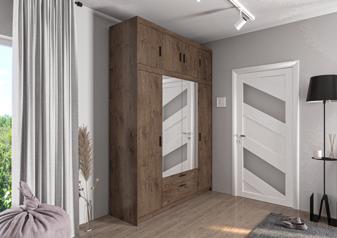 Szafa czterodrzwiowa z nadstawką z lustrami dąb lefkas KUBA