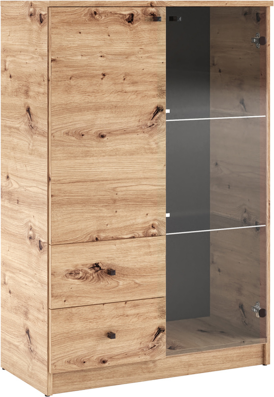 Przeszklona witryna 80 cm do salonu z szufladami ERIS dąb artisan