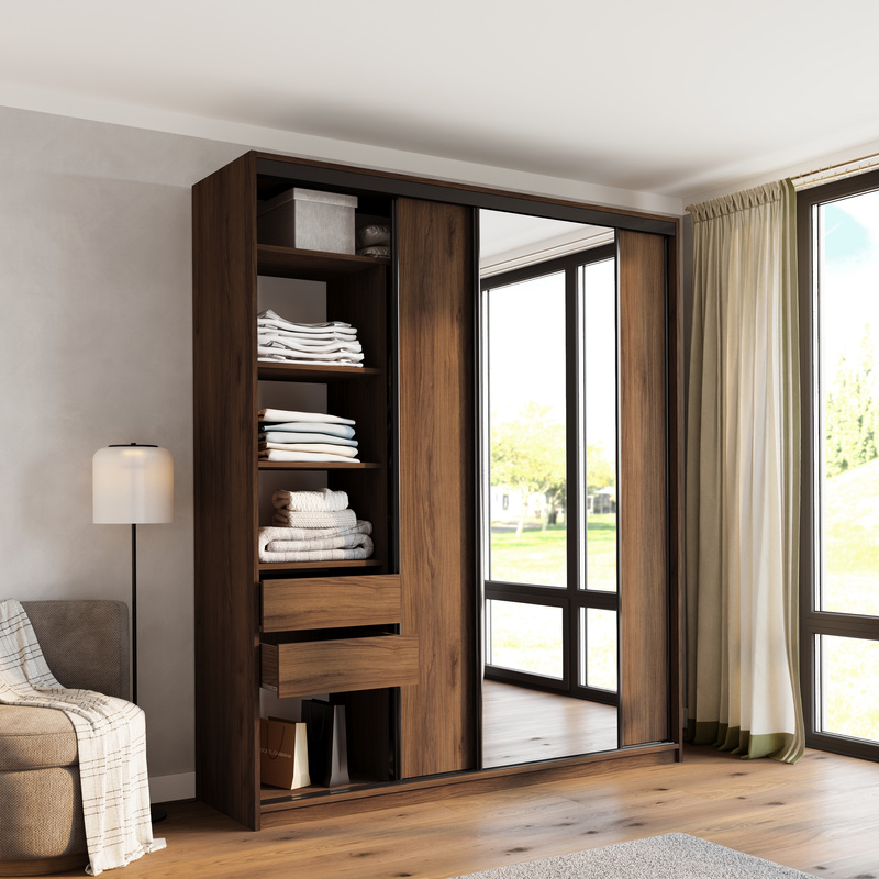 Wysoka szafa przesuwna z lustrem 200 cm do sypialni LOFT MAX orzech