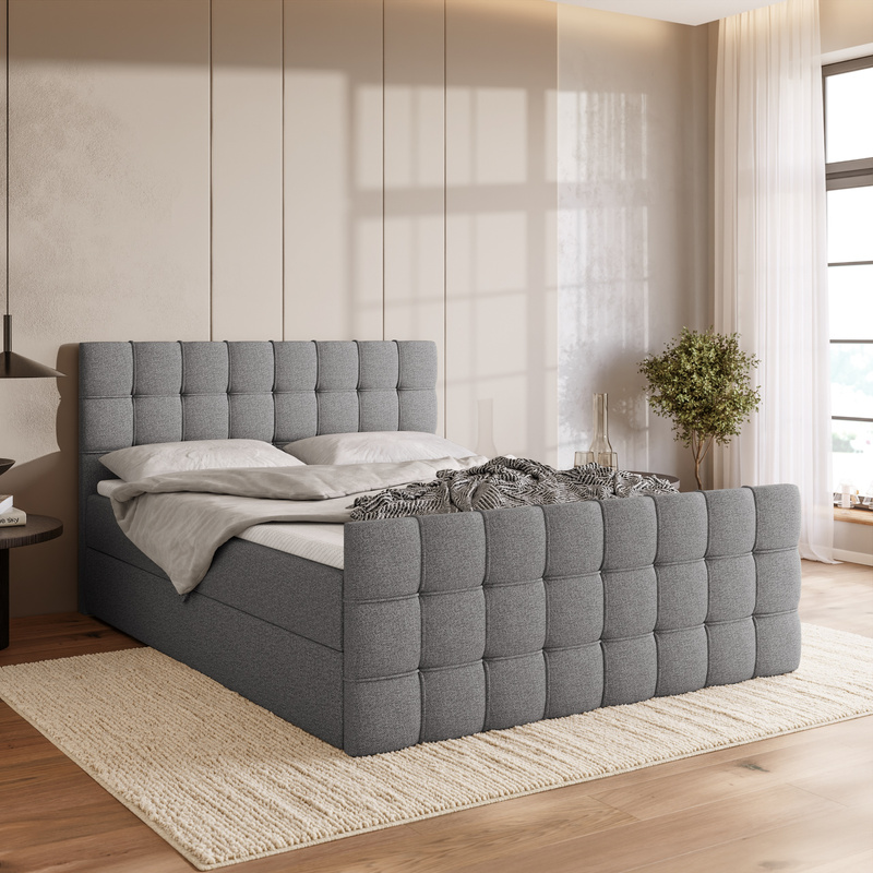 Szare łóżko kontynentalne 140x200 cm z pojemnikiem DETROIT DUO