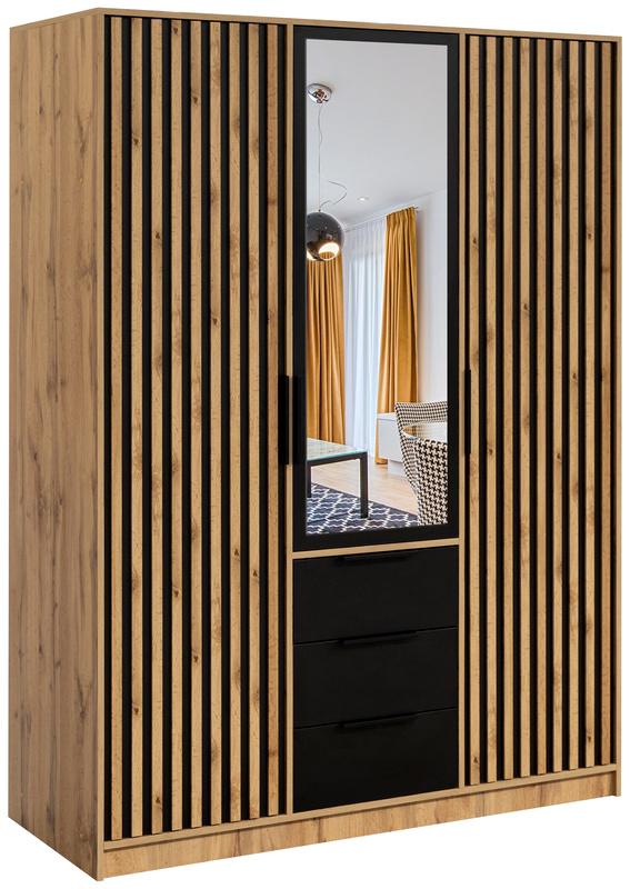 Trzydrzwiowa szafa z lamelami 150 cm z szufladami BILL