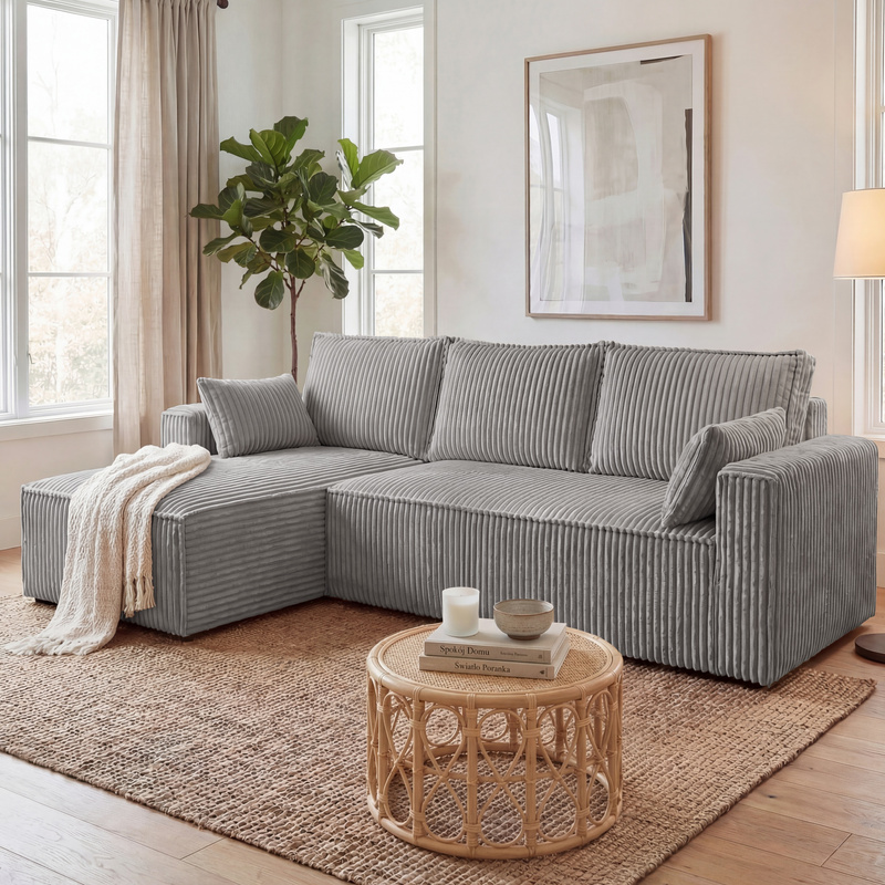 Szary rozkładany narożnik z funkcją spania do salonu PILO sztruks