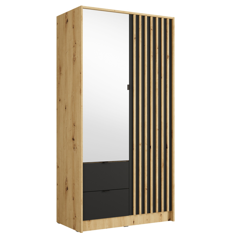 Szafa dwudrzwiowa 100 cm z lamelami i lustrem KORSO dąb artisan czarny