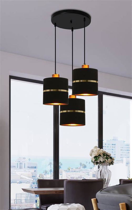 Czarna lampa wisząca talerz 3 płomienie do salonu ASSAM złoty abażur