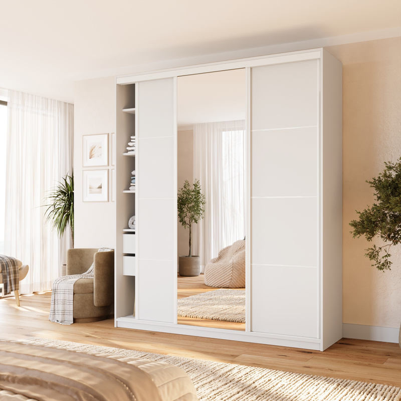 Wysoka biała szafa przesuwna 200 cm z lustrem VITA MAX