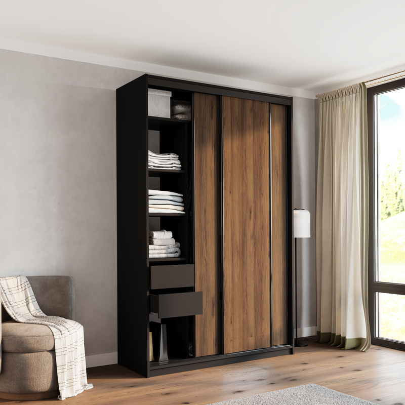 Wysoka szafa przesuwna 150 cm do sypialni LOFT MAX orzech