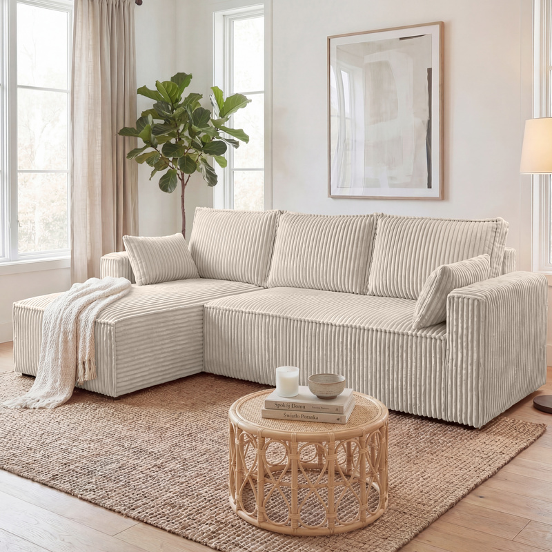 Beżowy narożnik rozkładany z funkcją spania do salonu PILO sztruks