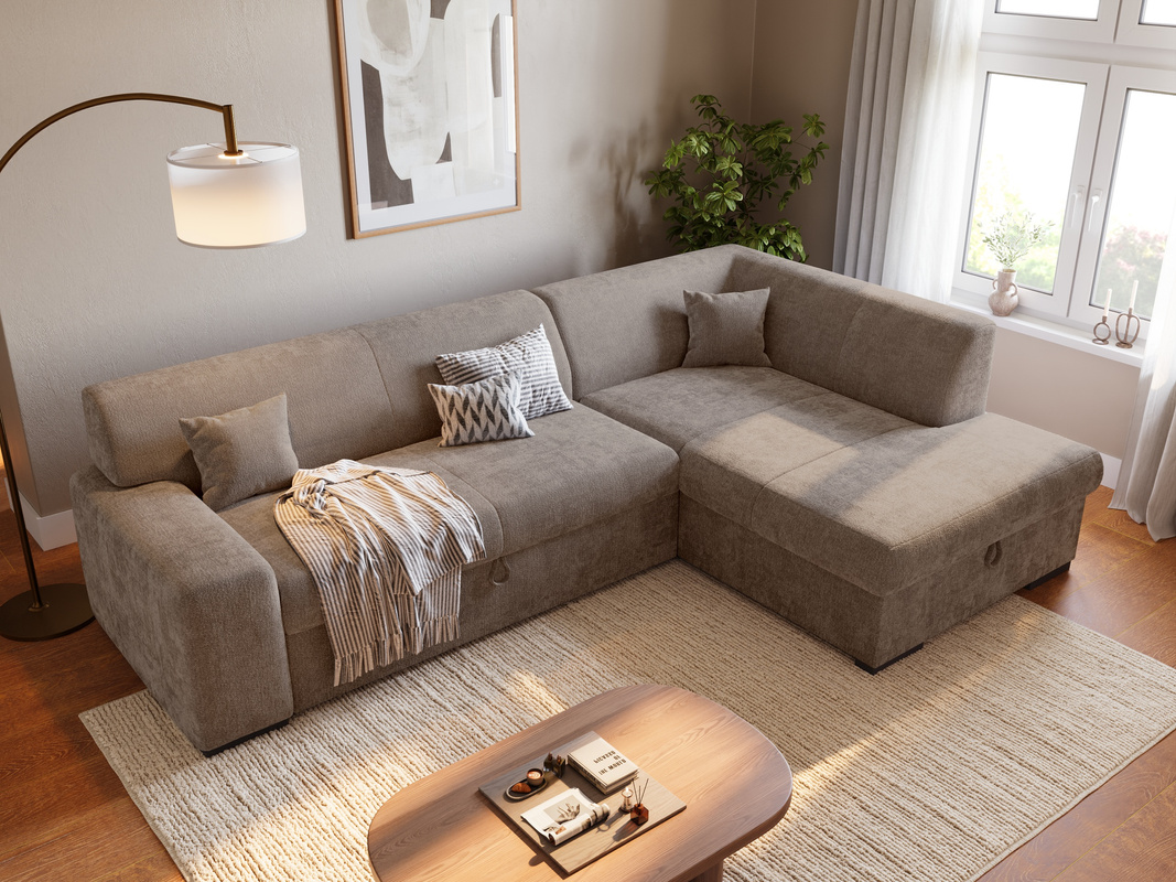 Narożnik z funkcją spania i pojemnikiem na pościel do salonu MILENZO brązowy