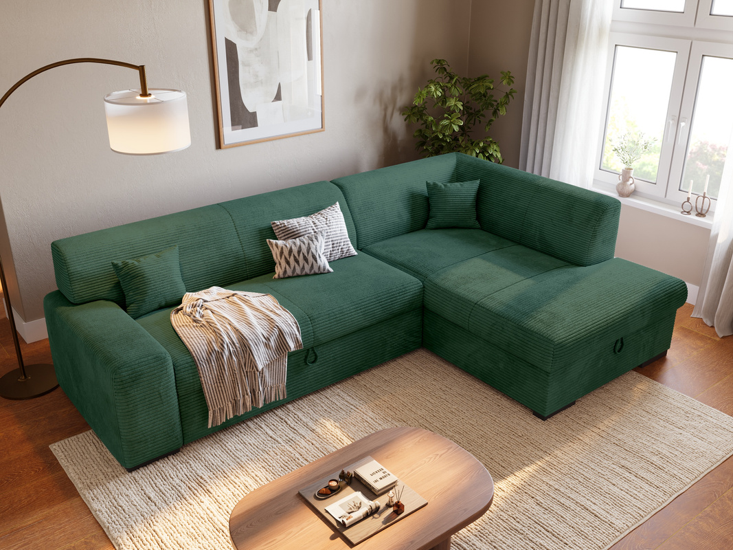Sztruksowy narożnik z funkcją spania i pojemnikiem do salonu MILENZO zielony