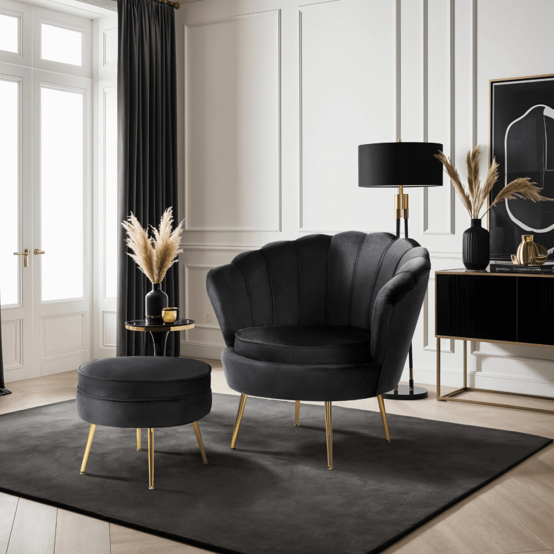 Fotel wypoczynkowy z podnóżkiem GISANO do salonu czarny welur