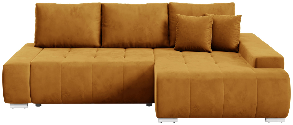 Nowoczesny musztardowy rozkładany narożnik do salonu z funkcją spania VANESSA