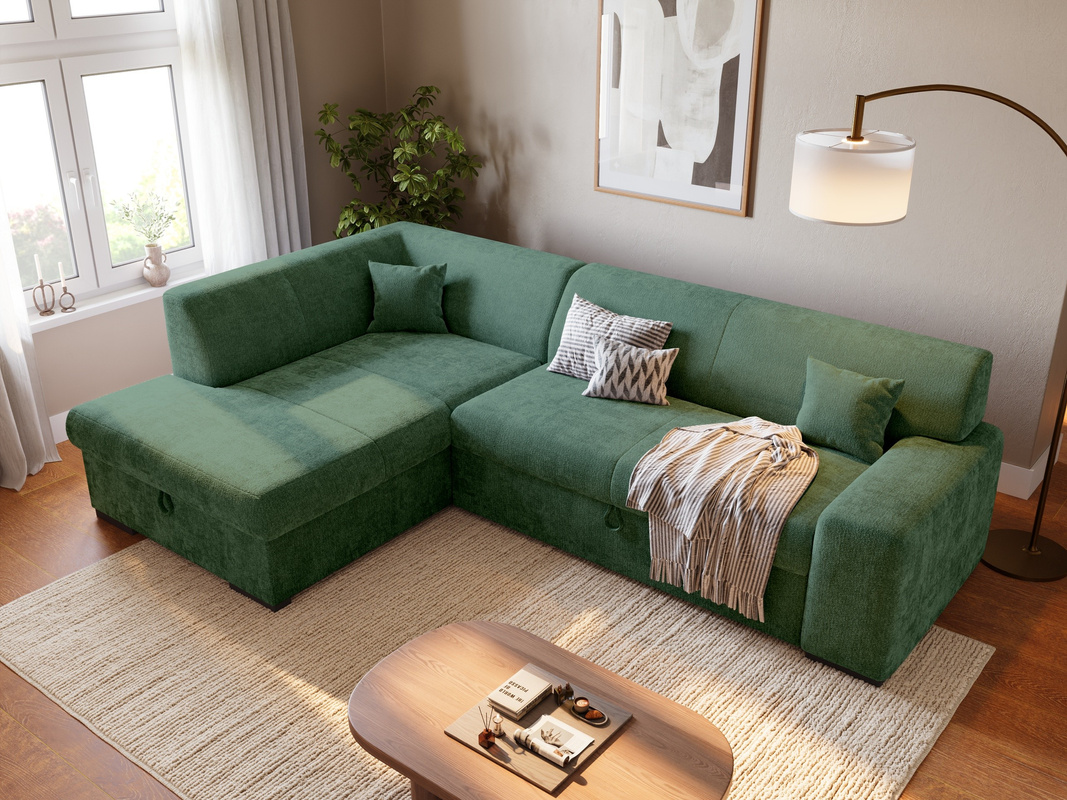 Zielony narożnik do salonu z funkcją spania i pojemnikiem na pościel MILENZO