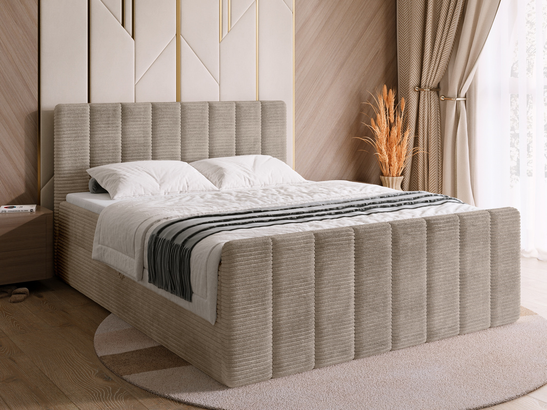 Beżowe łóżko sztruksowe kontynentalne 140x200 cm z pojemnikiem DENVER DUO