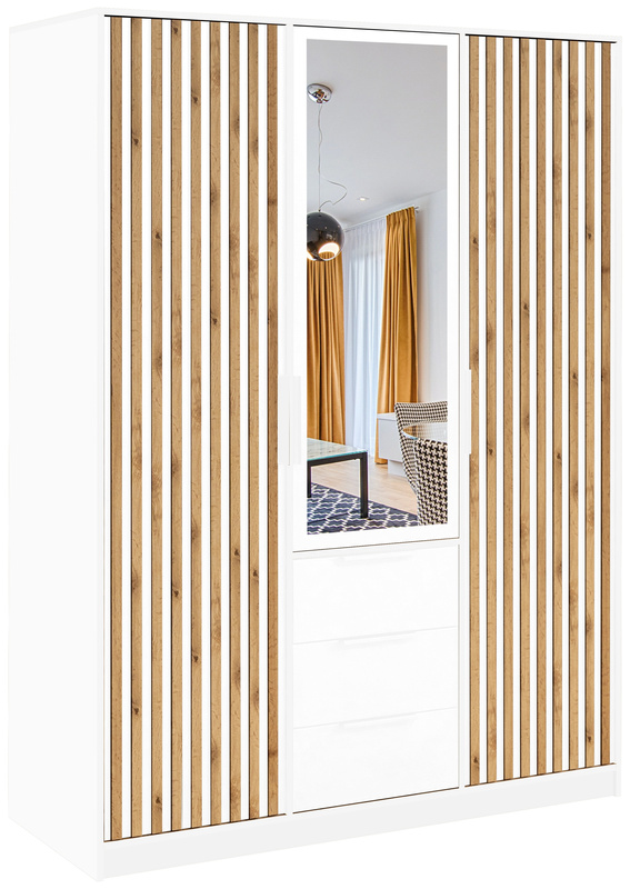 Trzydrzwiowa szafa z lamelami 150 cm z szufladami BILL