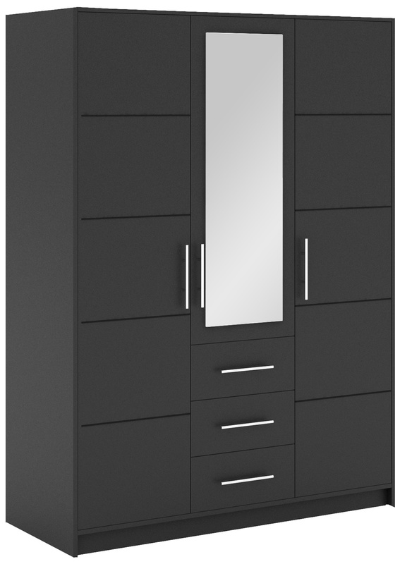 Grafitowa szafa trzydrzwiowa 147 cm z szufladami i półkami BILL