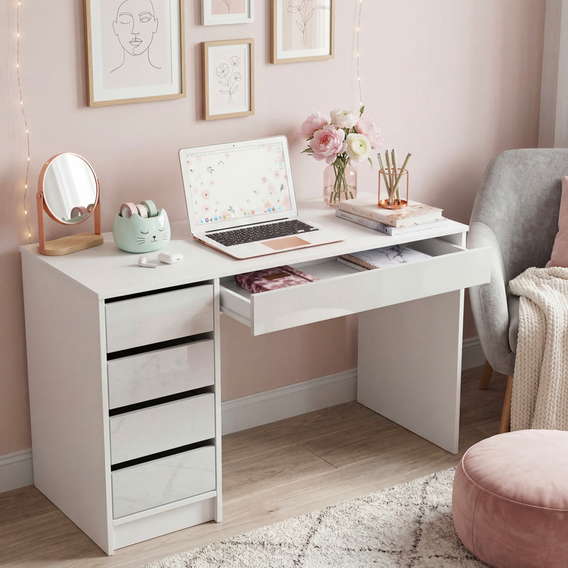 Nowoczesne biurko z szufladami JULIA biały połysk