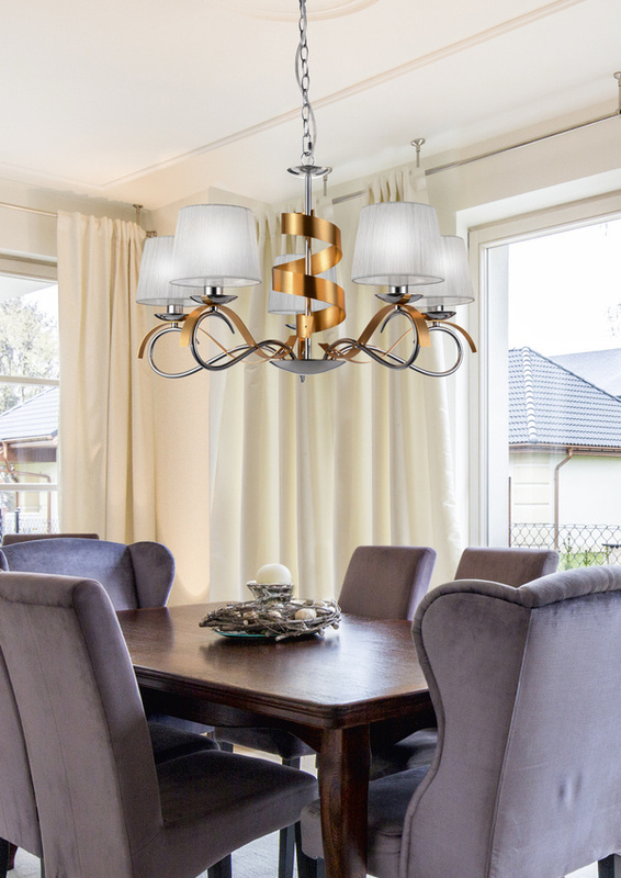 Chromowo-złoty żyrandol wiszący 5-punktowy do salonu DENIS metal tkanina