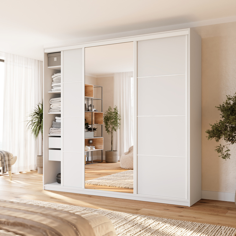 Wysoka biała szafa przesuwna 250 cm z lustrem VITA MAX