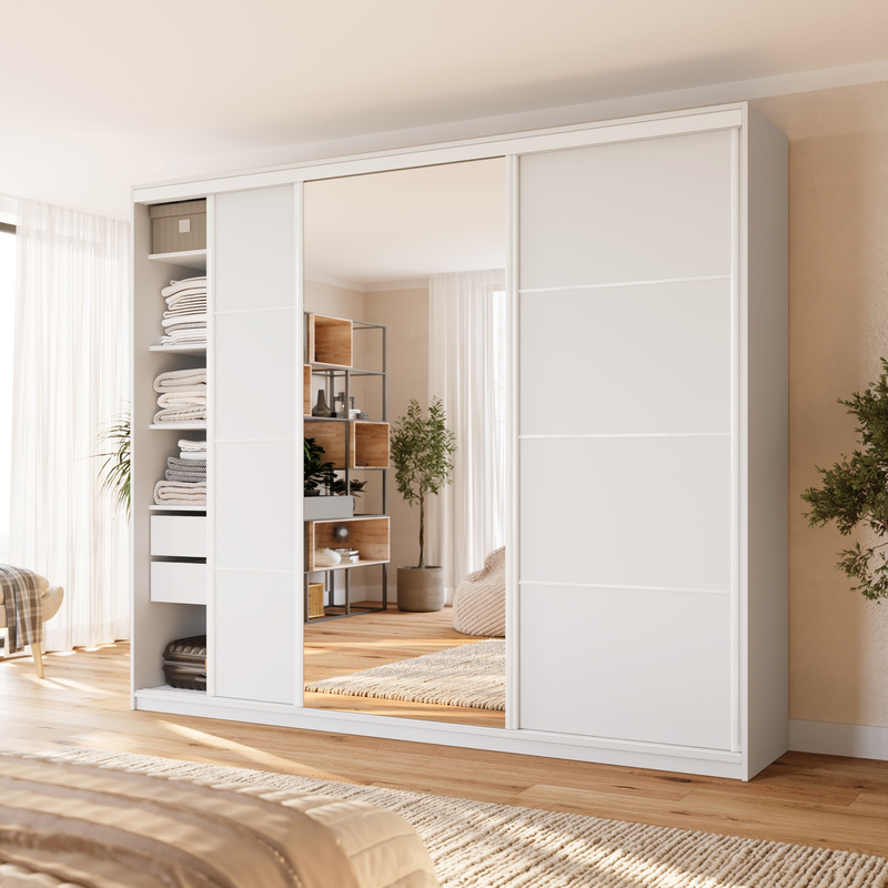 Pojemna biała szafa przesuwna 280 cm z lustrem VITA MAX