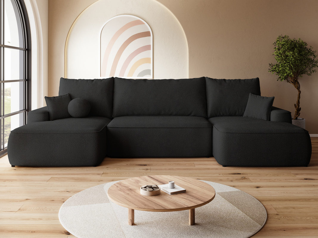 Czarny narożnik z funkcją spania do salonu boucle CARMELLO U