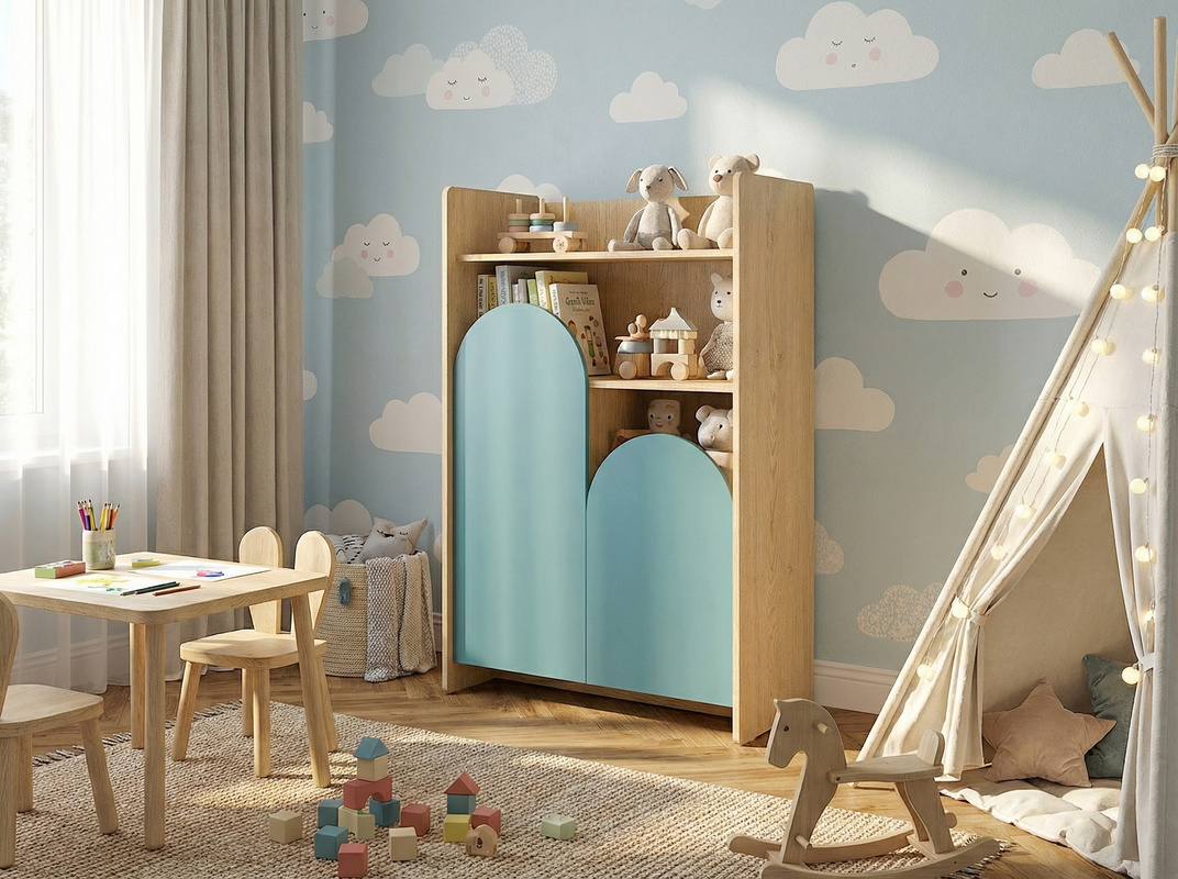 Regał na zabawki dla chłopca z półkami 83 cm LOLLIE dąb cremona