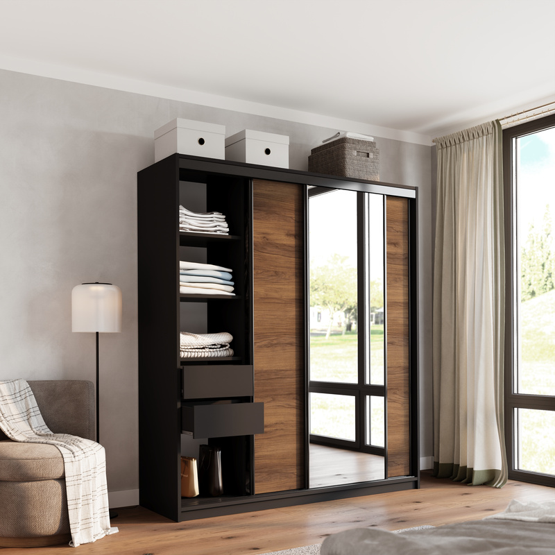Szafa przesuwna z lustrem 180 cm do sypialni LOFT orzech