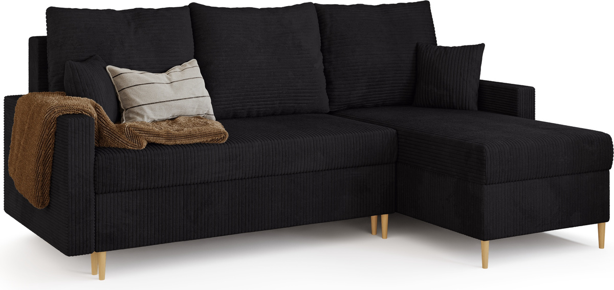 Czarny narożnik do salonu z funkcją spania i pojemnikiem FELIO sztruks