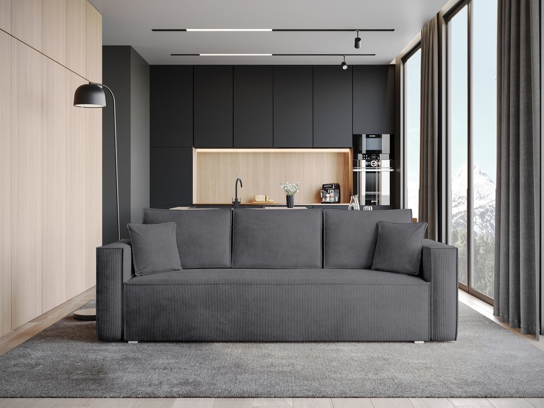 Szara sofa z funkcją spania TOP sztruks pojemnik na pościel
