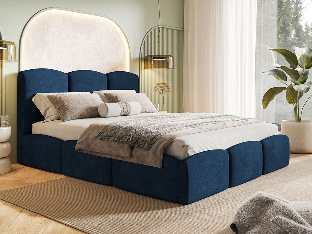 Granatowe łóżko 140x200 cm tapicerowane z pojemnikiem SEPERO