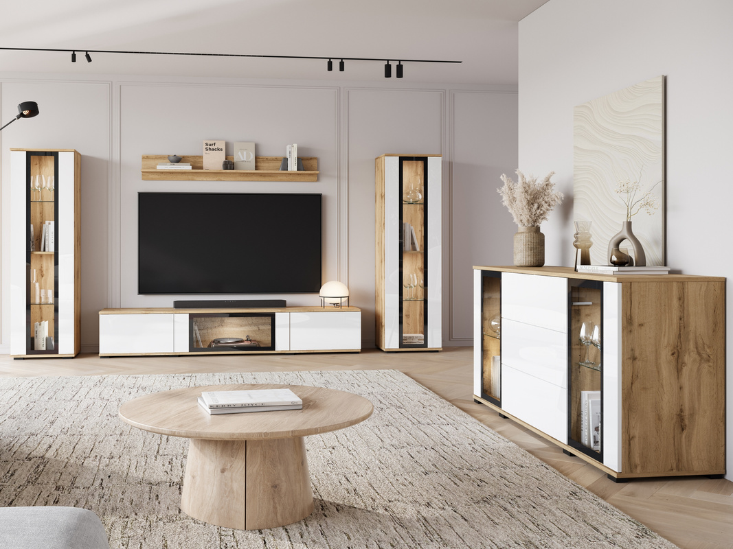 Meblościanka do salonu z komodą CAVIO dąb wotan biały połysk