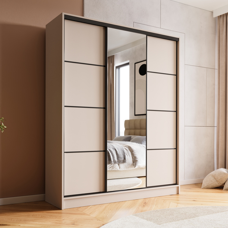 Kaszmirowa szafa przesuwna z lustrem 150 cm BEST półki szuflady