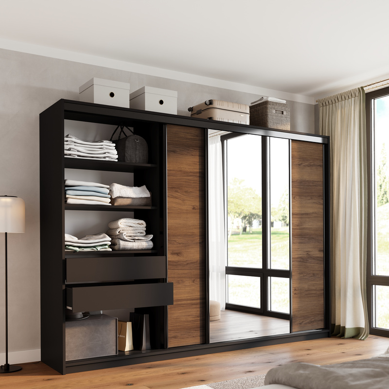 Szafa przesuwna z lustrem 280 cm do sypialni LOFT orzech