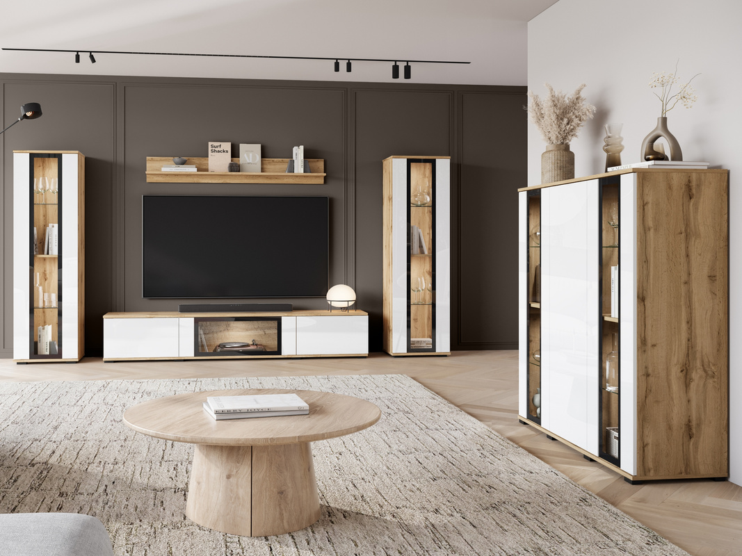 Meblościanka do salonu z komodą CAVIO dąb wotan biały połysk