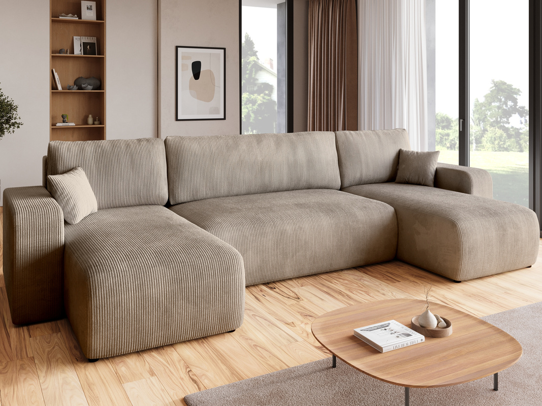 Rozkładana kanapa narożna z funkcją spania i pojemnikiem PUMI U